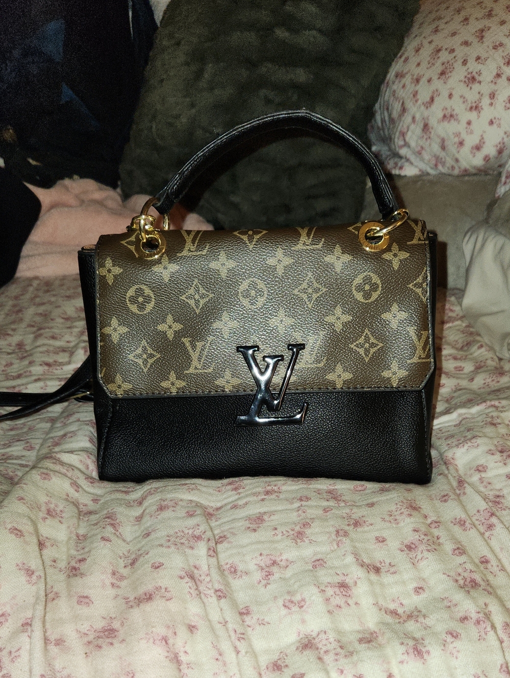 Designer Inspired Monogram Top Handle Satchel in Brown & Black